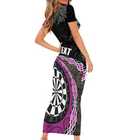 Personalised New Zealand Darts Short Sleeve Bodycon Dress Koru Tribal Tattoo and Silver Fern Maori Pattern Pink Color LT03 - Polynesian Pride
