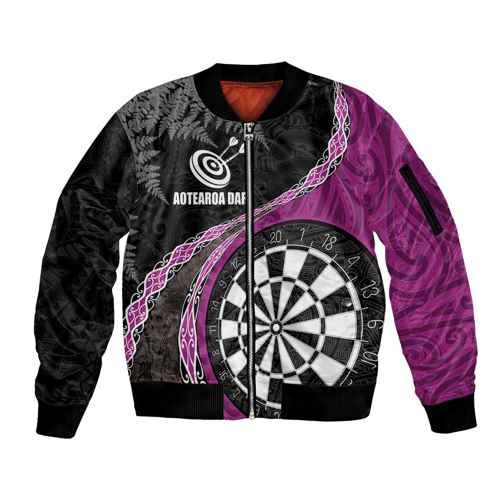 Personalised New Zealand Darts Sleeve Zip Bomber Jacket Koru Tribal Tattoo and Silver Fern Maori Pattern Pink Color LT03 Unisex Pink - Polynesian Pride