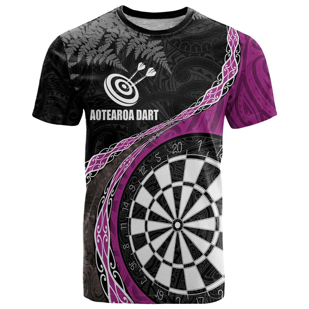 Personalised New Zealand Darts T Shirt Koru Tribal Tattoo and Silver Fern Maori Pattern Pink Color LT03 Pink - Polynesian Pride