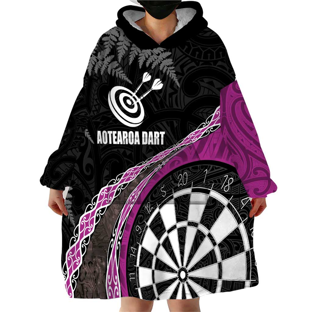 Personalised New Zealand Darts Wearable Blanket Hoodie Koru Tribal Tattoo and Silver Fern Maori Pattern Pink Color LT03 - Polynesian Pride
