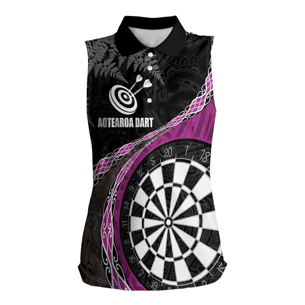 Personalised New Zealand Darts Women Sleeveless Polo Shirt Koru Tribal Tattoo and Silver Fern Maori Pattern Pink Color LT03 Female Pink - Polynesian Pride