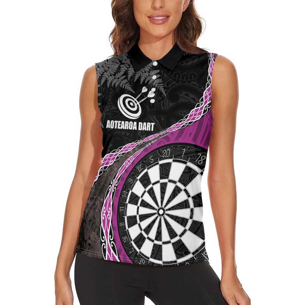 Personalised New Zealand Darts Women Sleeveless Polo Shirt Koru Tribal Tattoo and Silver Fern Maori Pattern Pink Color LT03 - Polynesian Pride