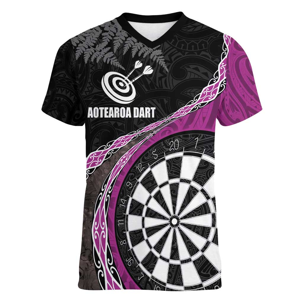 Personalised New Zealand Darts Women V-Neck T-Shirt Koru Tribal Tattoo and Silver Fern Maori Pattern Pink Color LT03 Female Pink - Polynesian Pride
