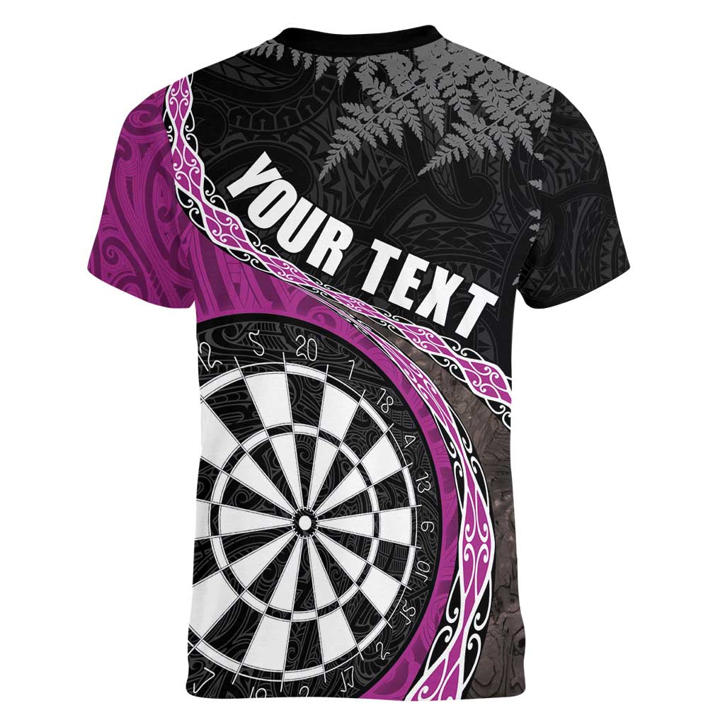 Personalised New Zealand Darts Women V-Neck T-Shirt Koru Tribal Tattoo and Silver Fern Maori Pattern Pink Color LT03 - Polynesian Pride