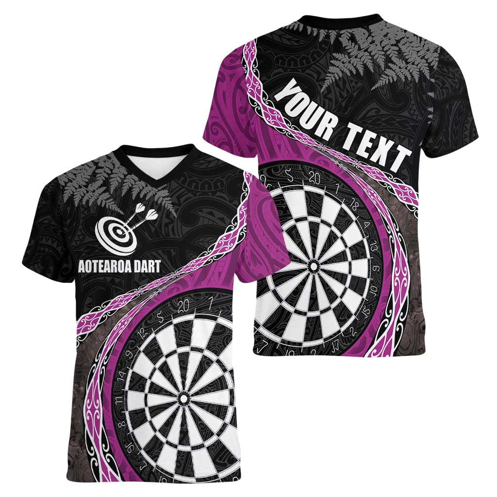 Personalised New Zealand Darts Women V-Neck T-Shirt Koru Tribal Tattoo and Silver Fern Maori Pattern Pink Color LT03 - Polynesian Pride