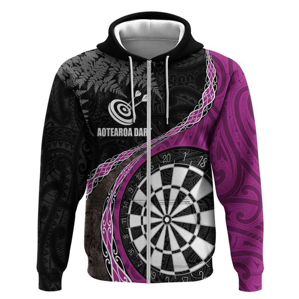 Personalised New Zealand Darts Zip Hoodie Koru Tribal Tattoo and Silver Fern Maori Pattern Pink Color LT03 Zip Hoodie Pink - Polynesian Pride