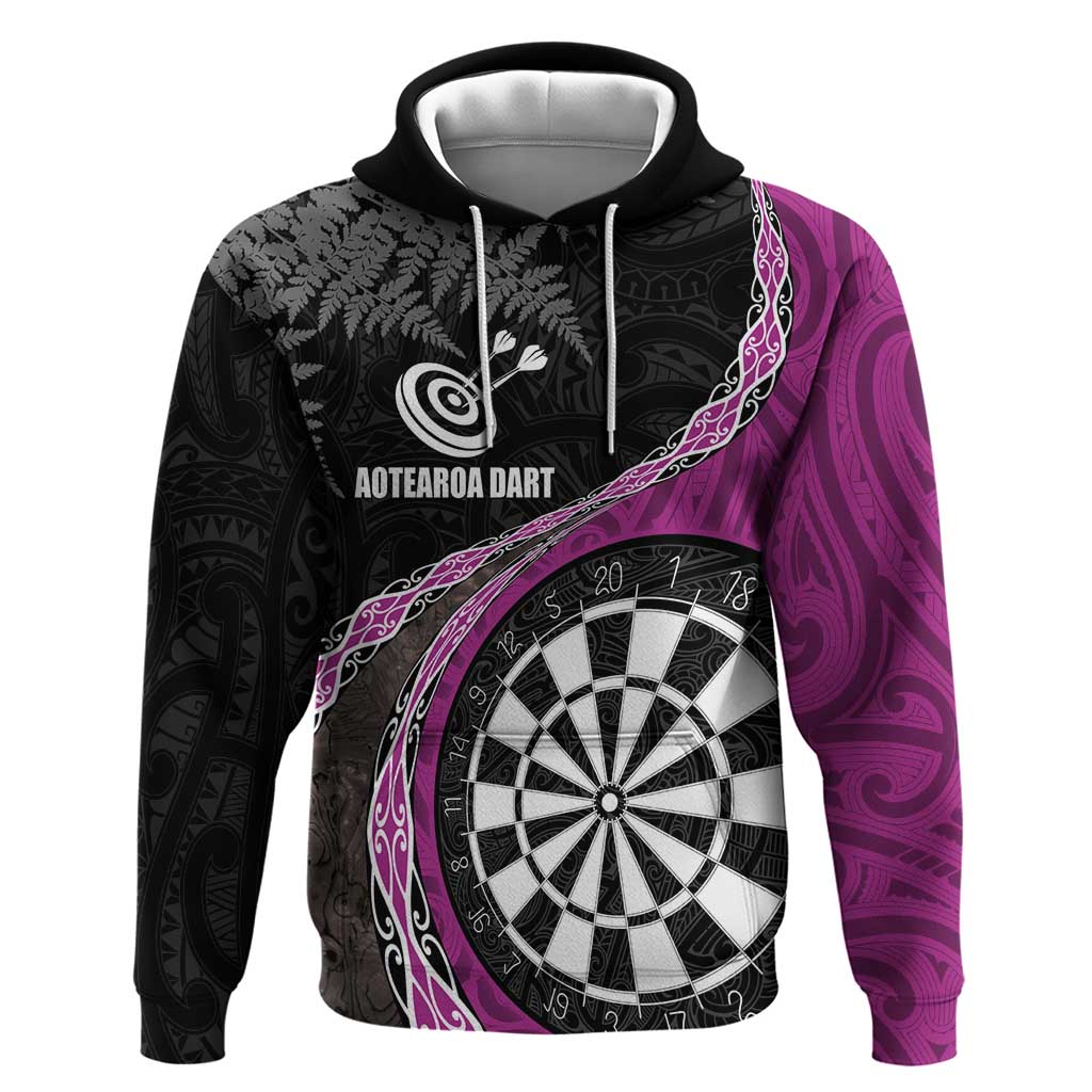 Personalised New Zealand Darts Zip Hoodie Koru Tribal Tattoo and Silver Fern Maori Pattern Pink Color LT03 Pullover Hoodie Pink - Polynesian Pride
