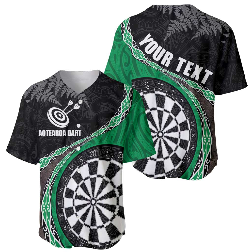 Personalised New Zealand Darts Baseball Jersey Koru Tribal Tattoo and Silver Fern Maori Pattern Green Color LT03 - Polynesian Pride