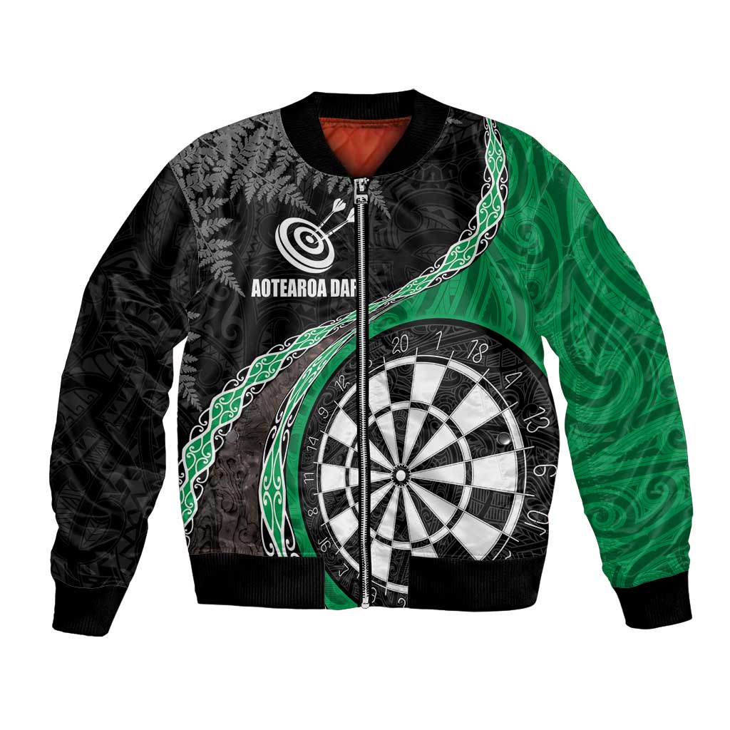 Personalised New Zealand Darts Bomber Jacket Koru Tribal Tattoo and Silver Fern Maori Pattern Green Color LT03 Unisex Green - Polynesian Pride