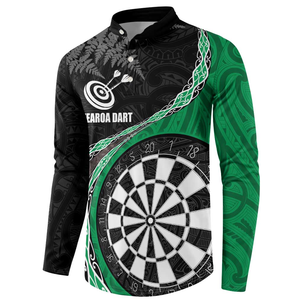 Personalised New Zealand Darts Button Sweatshirt Koru Tribal Tattoo and Silver Fern Maori Pattern Green Color LT03 - Polynesian Pride