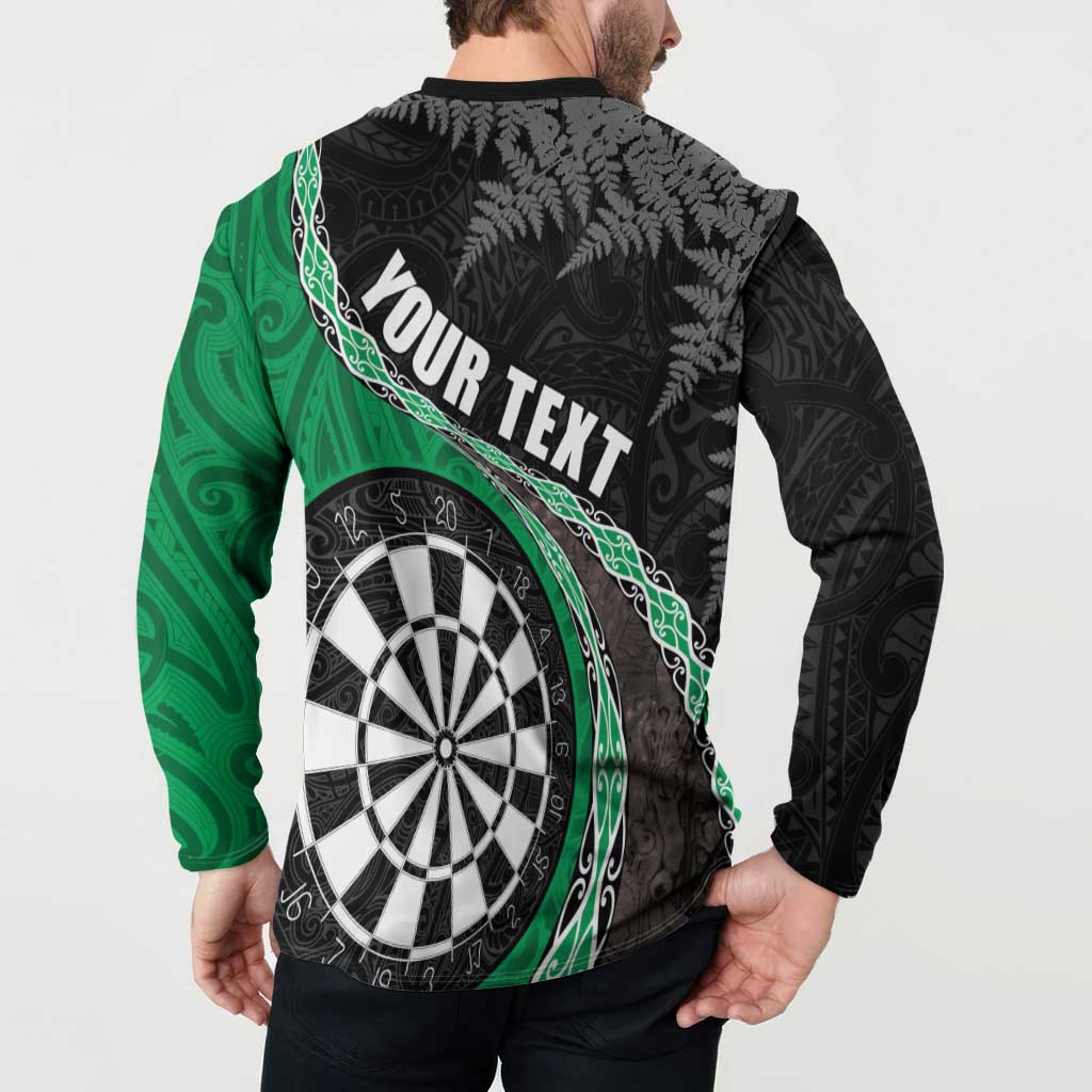 Personalised New Zealand Darts Button Sweatshirt Koru Tribal Tattoo and Silver Fern Maori Pattern Green Color LT03 - Polynesian Pride