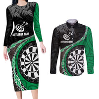 Personalised New Zealand Darts Couples Matching Long Sleeve Bodycon Dress and Long Sleeve Button Shirt Koru Tribal Tattoo and Silver Fern Maori Pattern Green Color LT03 Green - Polynesian Pride