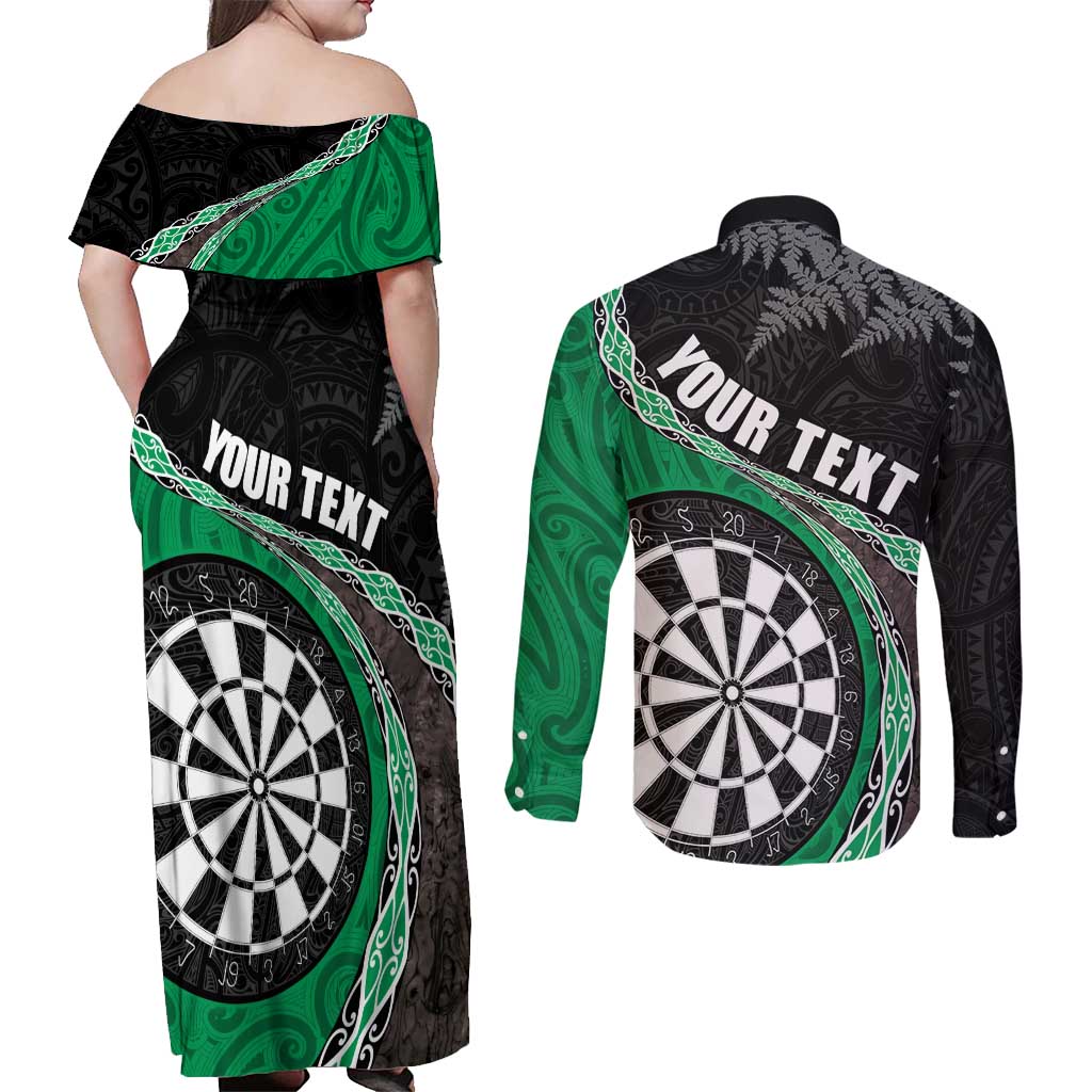 Personalised New Zealand Darts Couples Matching Off Shoulder Maxi Dress and Long Sleeve Button Shirt Koru Tribal Tattoo and Silver Fern Maori Pattern Green Color LT03 - Polynesian Pride