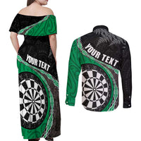 Personalised New Zealand Darts Couples Matching Off Shoulder Maxi Dress and Long Sleeve Button Shirt Koru Tribal Tattoo and Silver Fern Maori Pattern Green Color LT03 - Polynesian Pride