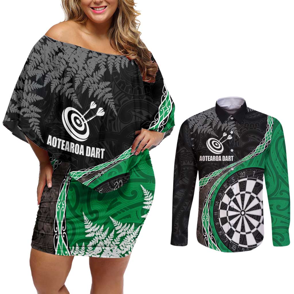 Personalised New Zealand Darts Couples Matching Off Shoulder Short Dress and Long Sleeve Button Shirt Koru Tribal Tattoo and Silver Fern Maori Pattern Green Color LT03 Green - Polynesian Pride