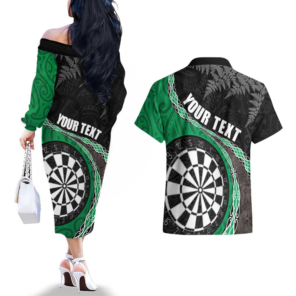 Personalised New Zealand Darts Couples Matching Off The Shoulder Long Sleeve Dress and Hawaiian Shirt Koru Tribal Tattoo and Silver Fern Maori Pattern Green Color LT03 - Polynesian Pride