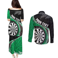 Personalised New Zealand Darts Couples Matching Puletasi and Long Sleeve Button Shirt Koru Tribal Tattoo and Silver Fern Maori Pattern Green Color LT03 - Polynesian Pride