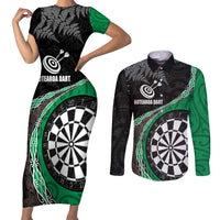 Personalised New Zealand Darts Couples Matching Short Sleeve Bodycon Dress and Long Sleeve Button Shirt Koru Tribal Tattoo and Silver Fern Maori Pattern Green Color LT03 Green - Polynesian Pride