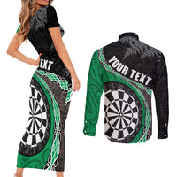 Personalised New Zealand Darts Couples Matching Short Sleeve Bodycon Dress and Long Sleeve Button Shirt Koru Tribal Tattoo and Silver Fern Maori Pattern Green Color LT03 - Polynesian Pride