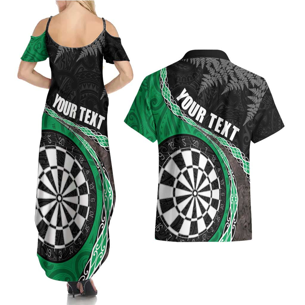 Personalised New Zealand Darts Couples Matching Summer Maxi Dress and Hawaiian Shirt Koru Tribal Tattoo and Silver Fern Maori Pattern Green Color LT03 - Polynesian Pride
