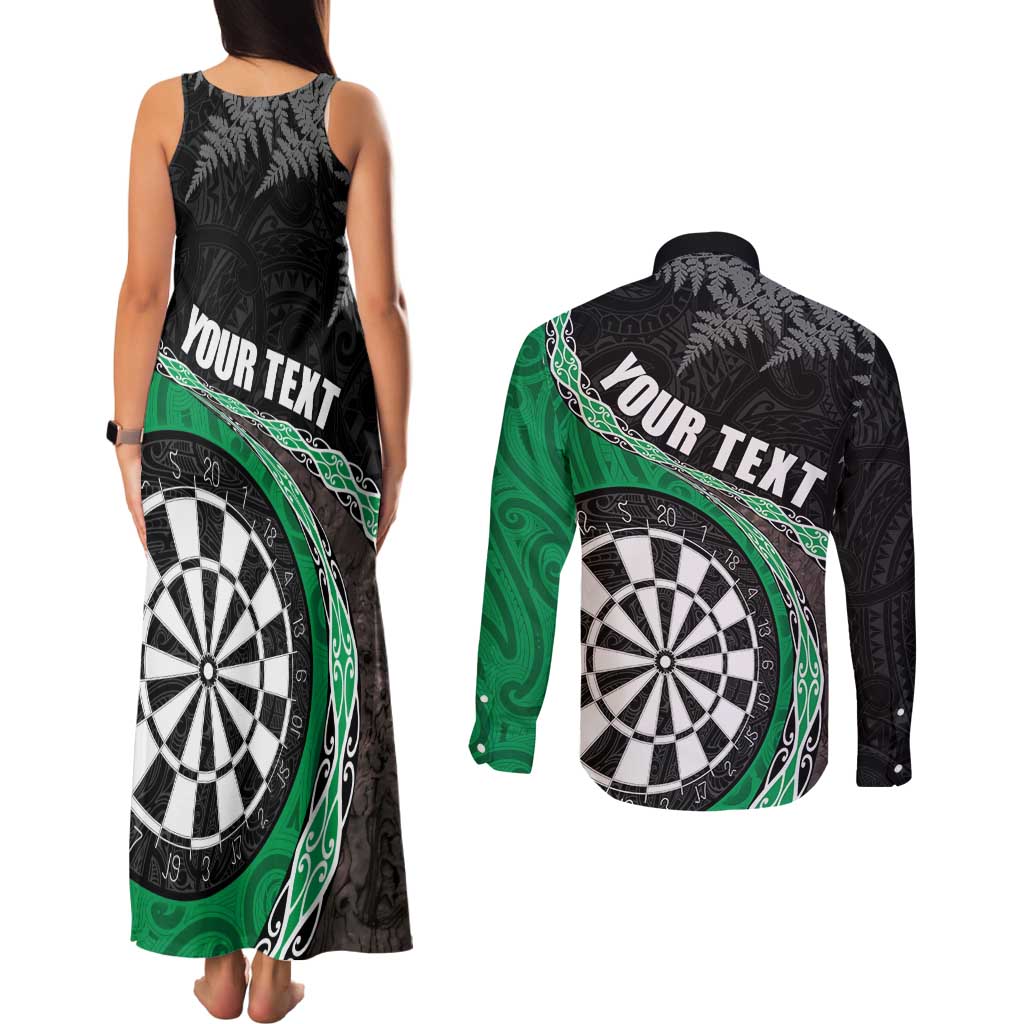 Personalised New Zealand Darts Couples Matching Tank Maxi Dress and Long Sleeve Button Shirt Koru Tribal Tattoo and Silver Fern Maori Pattern Green Color LT03 - Polynesian Pride