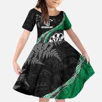 Personalised New Zealand Darts Family Matching Long Sleeve Bodycon Dress and Hawaiian Shirt Koru Tribal Tattoo and Silver Fern Maori Pattern Green Color LT03 Daughter's Dress Green - Polynesian Pride