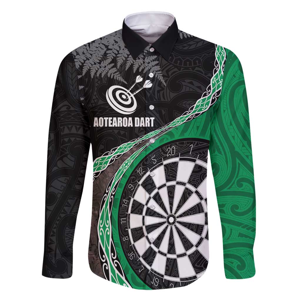 Personalised New Zealand Darts Family Matching Long Sleeve Bodycon Dress and Hawaiian Shirt Koru Tribal Tattoo and Silver Fern Maori Pattern Green Color LT03 Dad's Shirt - Long Sleeve Green - Polynesian Pride