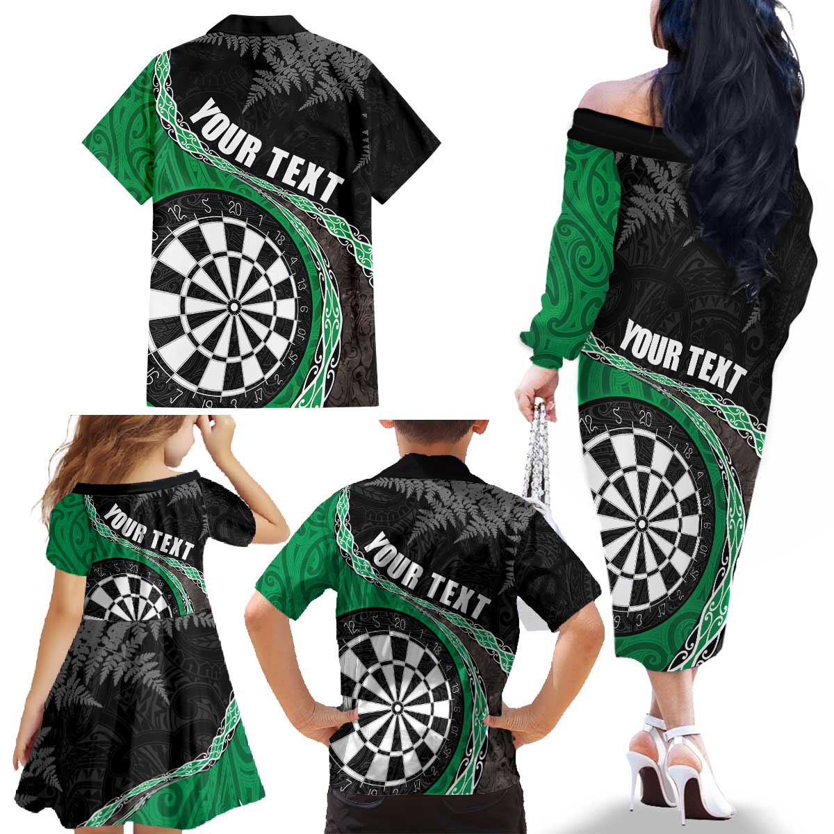 Personalised New Zealand Darts Family Matching Off The Shoulder Long Sleeve Dress and Hawaiian Shirt Koru Tribal Tattoo and Silver Fern Maori Pattern Green Color LT03 - Polynesian Pride