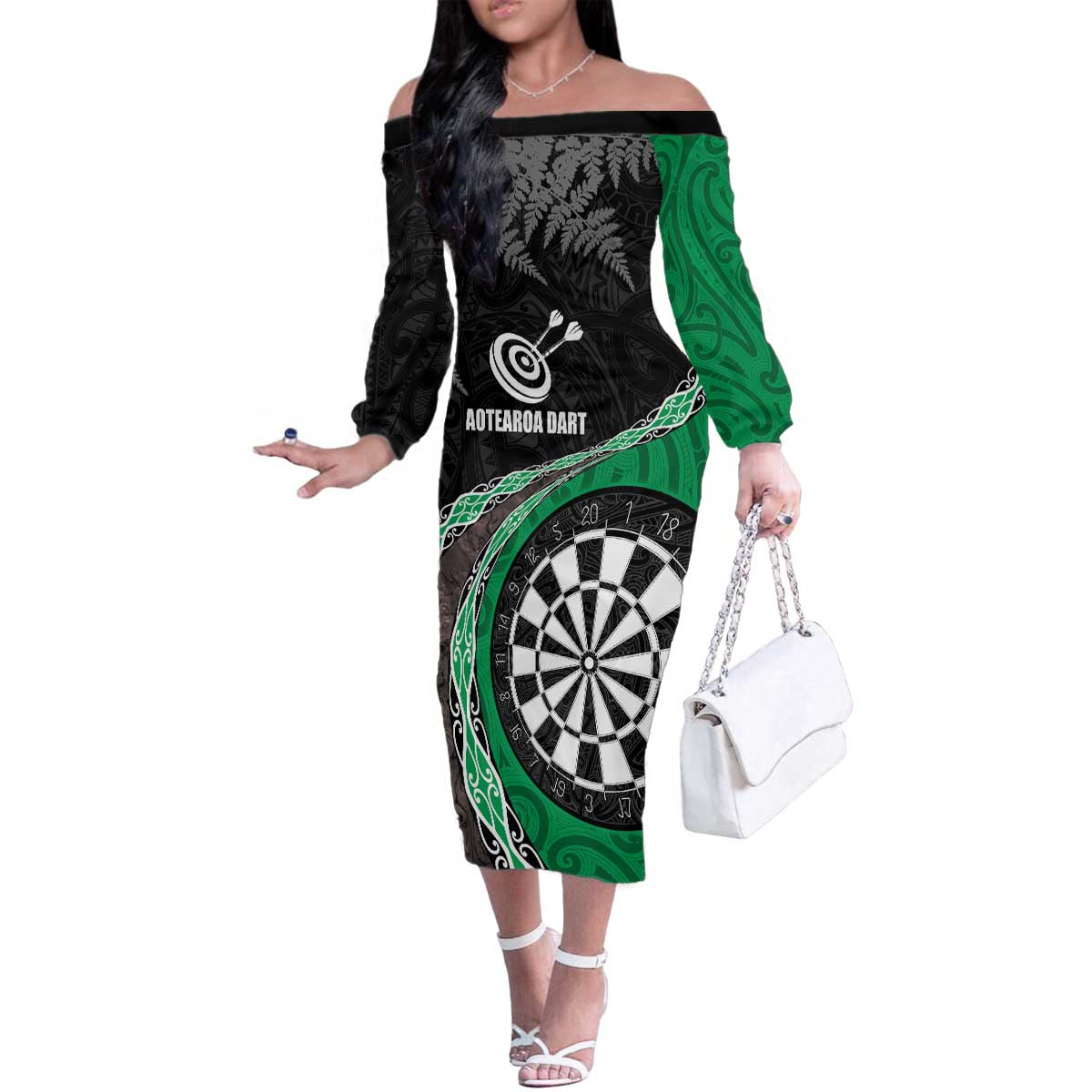 Personalised New Zealand Darts Family Matching Off The Shoulder Long Sleeve Dress and Hawaiian Shirt Koru Tribal Tattoo and Silver Fern Maori Pattern Green Color LT03 Mom's Dress Green - Polynesian Pride
