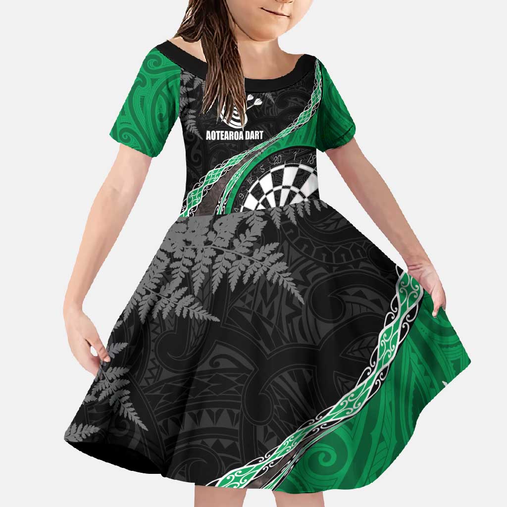 Personalised New Zealand Darts Family Matching Off Shoulder Maxi Dress and Hawaiian Shirt Koru Tribal Tattoo and Silver Fern Maori Pattern Green Color LT03 Daughter's Dress Green - Polynesian Pride