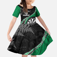 Personalised New Zealand Darts Family Matching Off Shoulder Maxi Dress and Hawaiian Shirt Koru Tribal Tattoo and Silver Fern Maori Pattern Green Color LT03 Daughter's Dress Green - Polynesian Pride