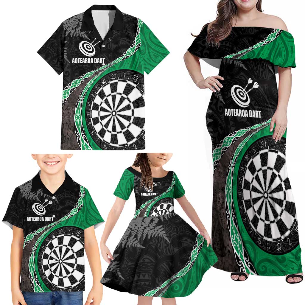 Personalised New Zealand Darts Family Matching Off Shoulder Maxi Dress and Hawaiian Shirt Koru Tribal Tattoo and Silver Fern Maori Pattern Green Color LT03 - Polynesian Pride