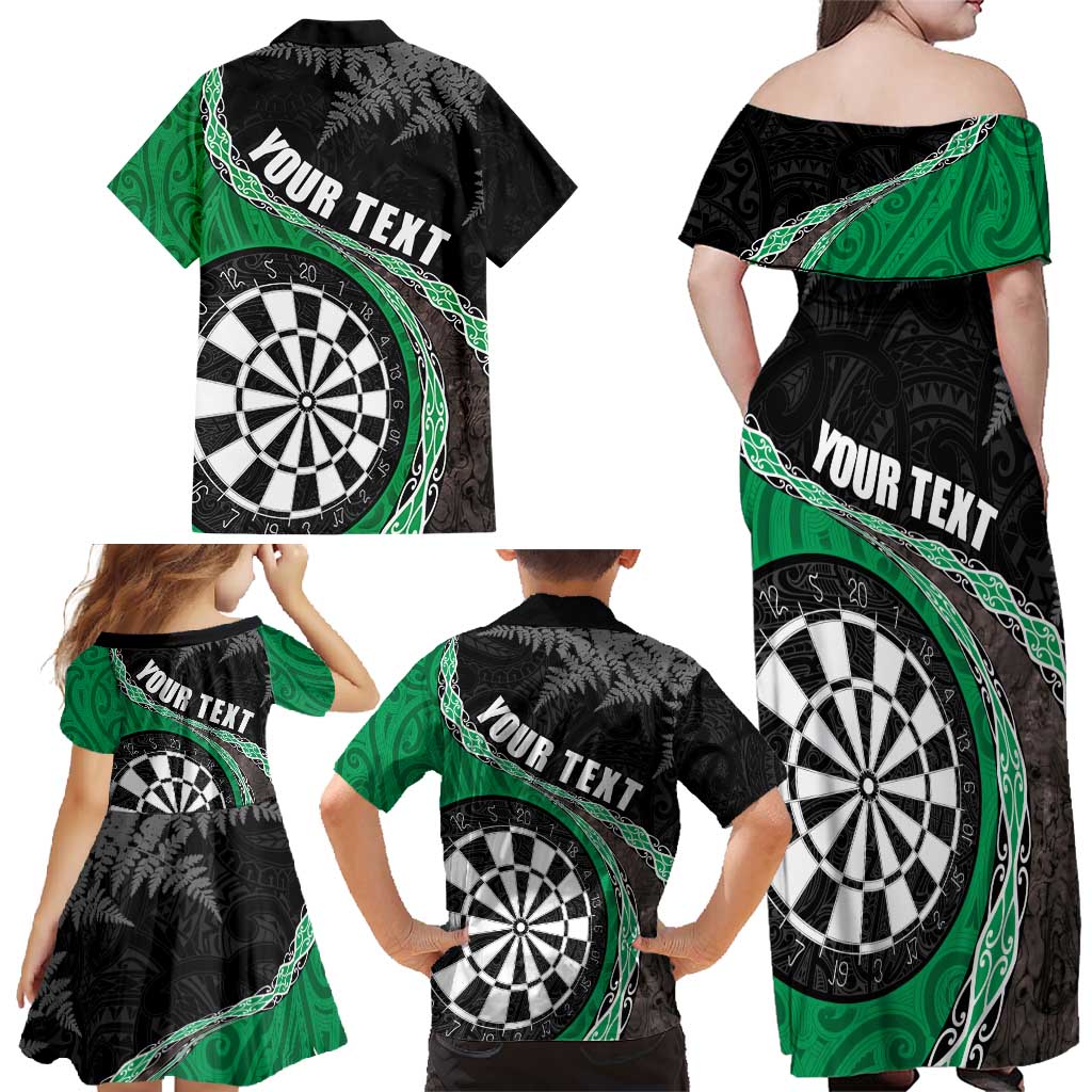 Personalised New Zealand Darts Family Matching Off Shoulder Maxi Dress and Hawaiian Shirt Koru Tribal Tattoo and Silver Fern Maori Pattern Green Color LT03 - Polynesian Pride