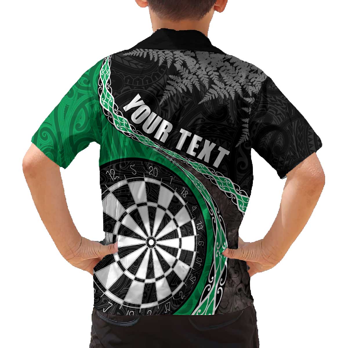 Personalised New Zealand Darts Family Matching Off Shoulder Short Dress and Hawaiian Shirt Koru Tribal Tattoo and Silver Fern Maori Pattern Green Color LT03 - Polynesian Pride