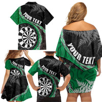 Personalised New Zealand Darts Family Matching Off Shoulder Short Dress and Hawaiian Shirt Koru Tribal Tattoo and Silver Fern Maori Pattern Green Color LT03 - Polynesian Pride