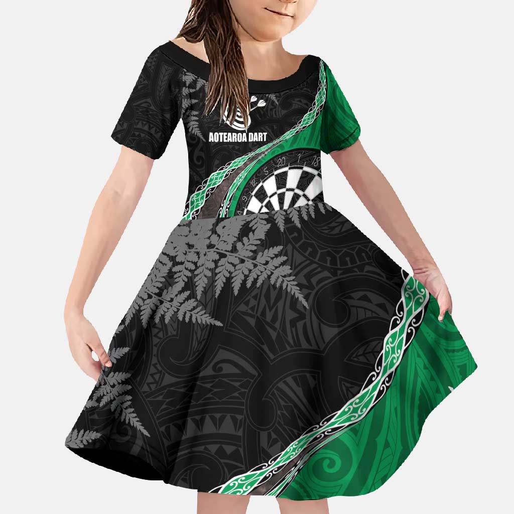 Personalised New Zealand Darts Family Matching Summer Maxi Dress and Hawaiian Shirt Koru Tribal Tattoo and Silver Fern Maori Pattern Green Color LT03 Daughter's Dress Green - Polynesian Pride