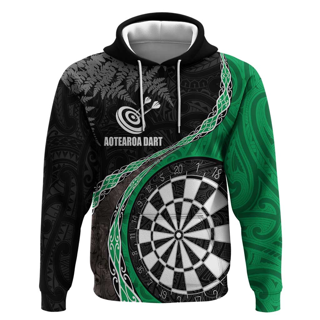 Personalised New Zealand Darts Hoodie Koru Tribal Tattoo and Silver Fern Maori Pattern Green Color LT03 Pullover Hoodie Green - Polynesian Pride