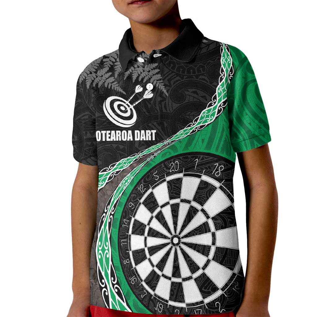 Personalised New Zealand Darts Kid Polo Shirt - Koru Tribal Tattoo and Silver Fern Maori Pattern Green LT03 Kid Green - Polynesian Pride