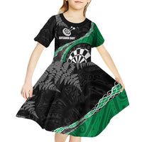 Personalised New Zealand Darts Kid Short Sleeve Dress Koru Tribal Tattoo and Silver Fern Maori Pattern Green Color LT03 - Polynesian Pride