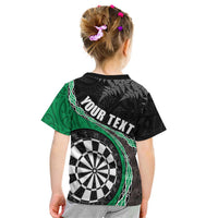 Personalised New Zealand Darts Kid T Shirt Koru Tribal Tattoo and Silver Fern Maori Pattern Green Color LT03 - Polynesian Pride