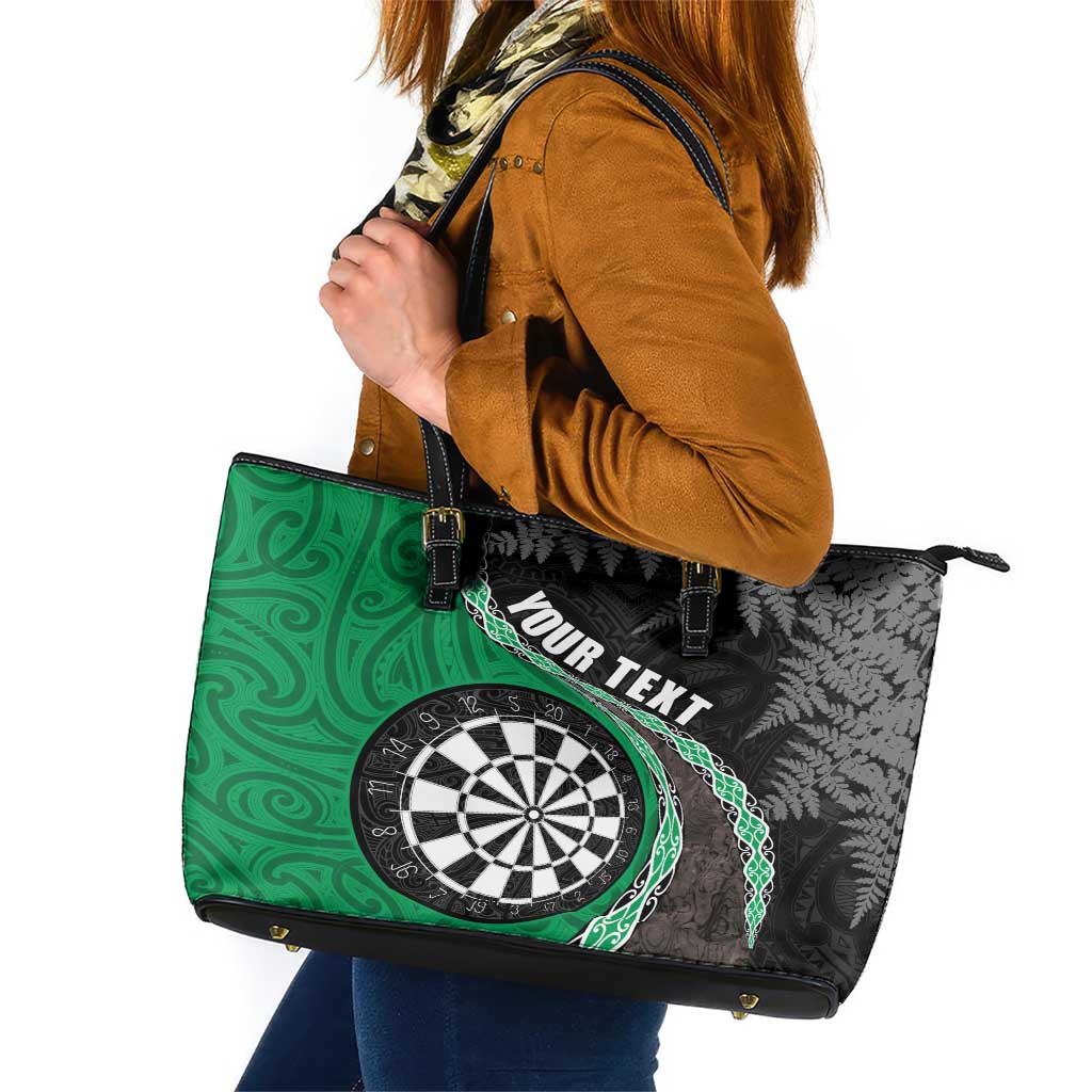 Personalised New Zealand Darts Leather Tote Bag Koru Tribal Tattoo and Silver Fern Maori Pattern Green Color LT03 Green - Polynesian Pride