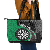 Personalised New Zealand Darts Leather Tote Bag Koru Tribal Tattoo and Silver Fern Maori Pattern Green Color LT03 - Polynesian Pride