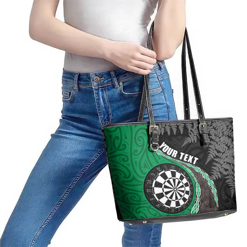 Personalised New Zealand Darts Leather Tote Bag Koru Tribal Tattoo and Silver Fern Maori Pattern Green Color LT03 - Polynesian Pride