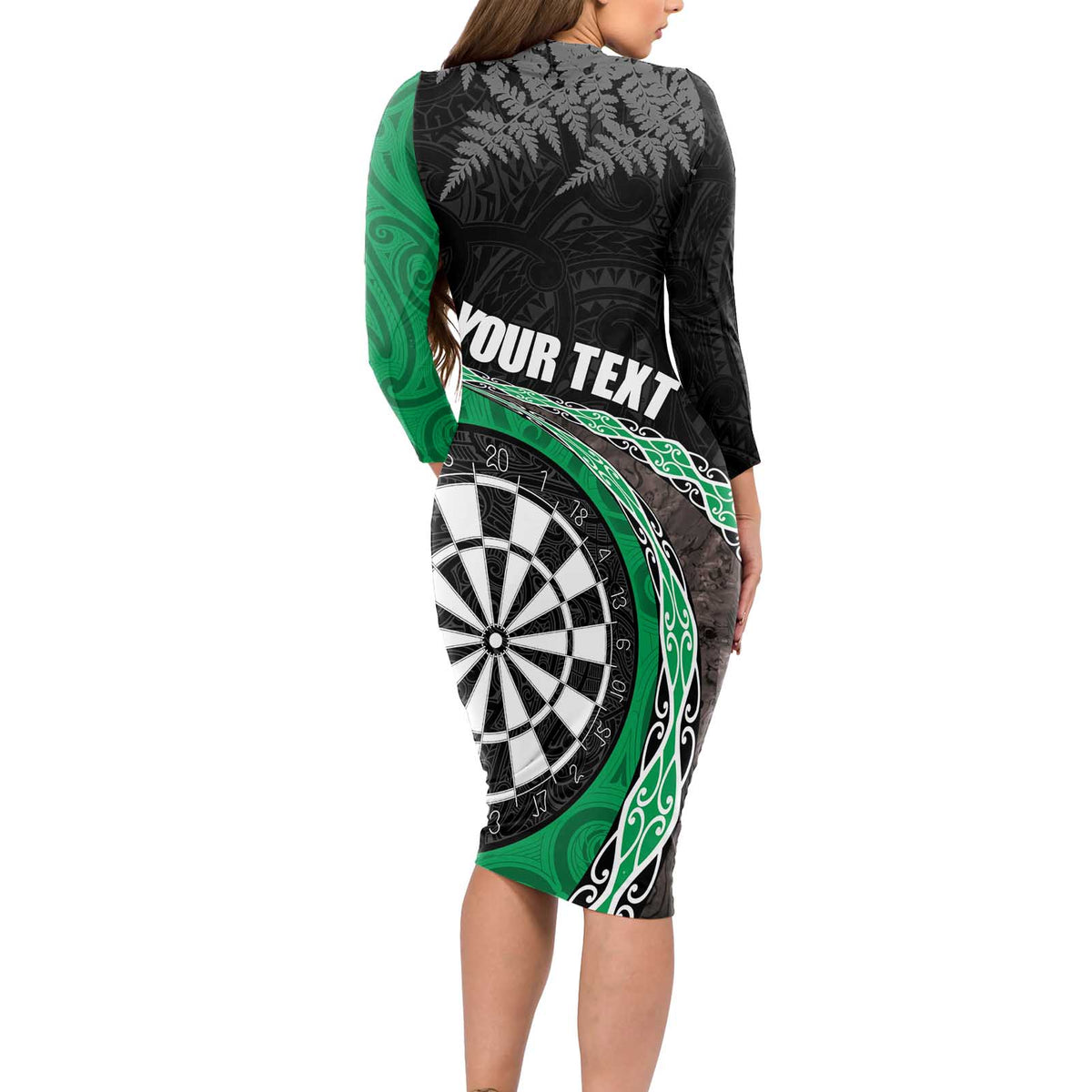 Personalised New Zealand Darts Long Sleeve Bodycon Dress Koru Tribal Tattoo and Silver Fern Maori Pattern Green Color LT03 - Polynesian Pride