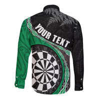 Personalised New Zealand Darts Long Sleeve Button Shirt Koru Tribal Tattoo and Silver Fern Maori Pattern Green Color LT03 - Polynesian Pride