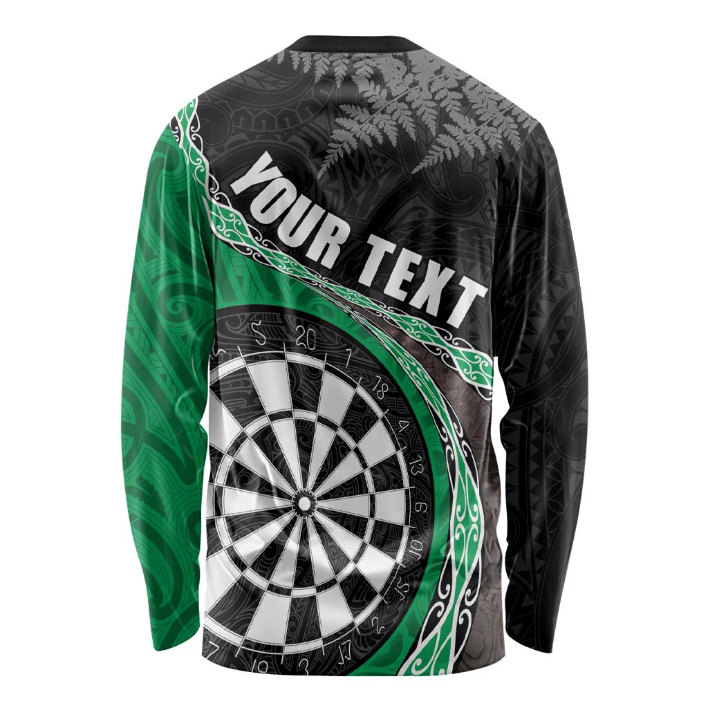 Personalised New Zealand Darts Long Sleeve Shirt Koru Tribal Tattoo and Silver Fern Maori Pattern Green Color LT03 - Polynesian Pride
