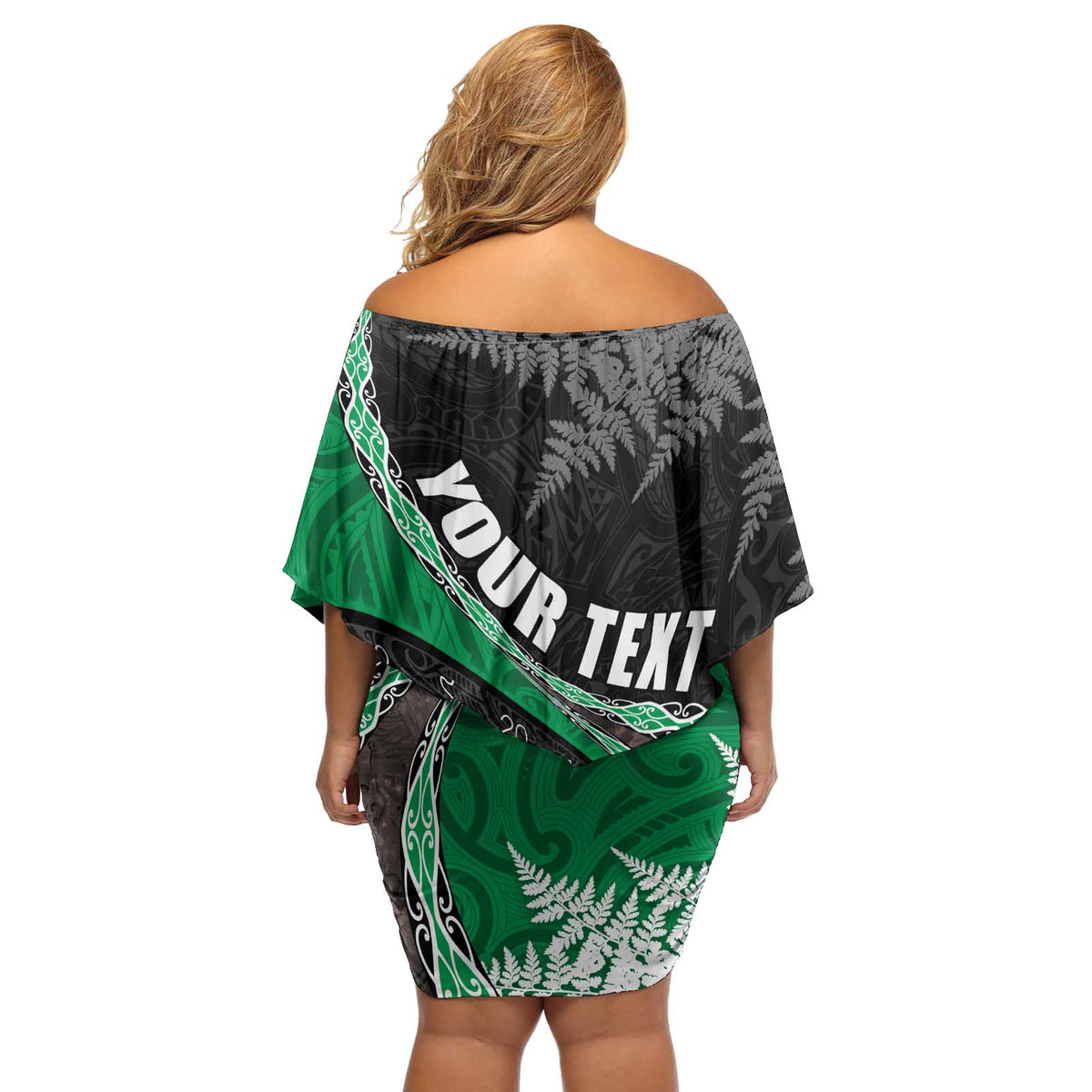 Personalised New Zealand Darts Off Shoulder Short Dress Koru Tribal Tattoo and Silver Fern Maori Pattern Green Color LT03 - Polynesian Pride