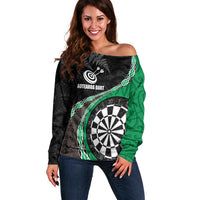 Personalised New Zealand Darts Off Shoulder Sweater Koru Tribal Tattoo and Silver Fern Maori Pattern Green Color LT03 Women Green - Polynesian Pride