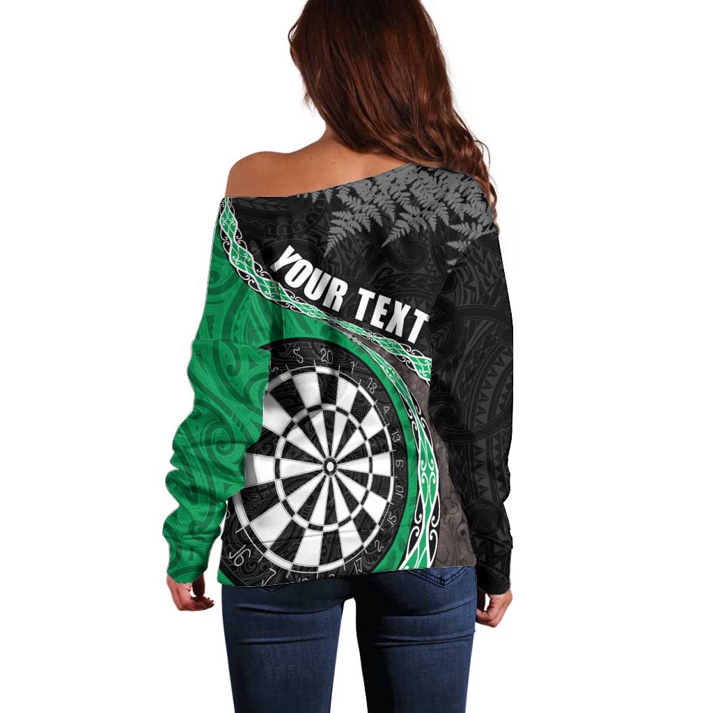 Personalised New Zealand Darts Off Shoulder Sweater Koru Tribal Tattoo and Silver Fern Maori Pattern Green Color LT03 - Polynesian Pride