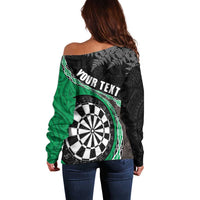 Personalised New Zealand Darts Off Shoulder Sweater Koru Tribal Tattoo and Silver Fern Maori Pattern Green Color LT03 - Polynesian Pride